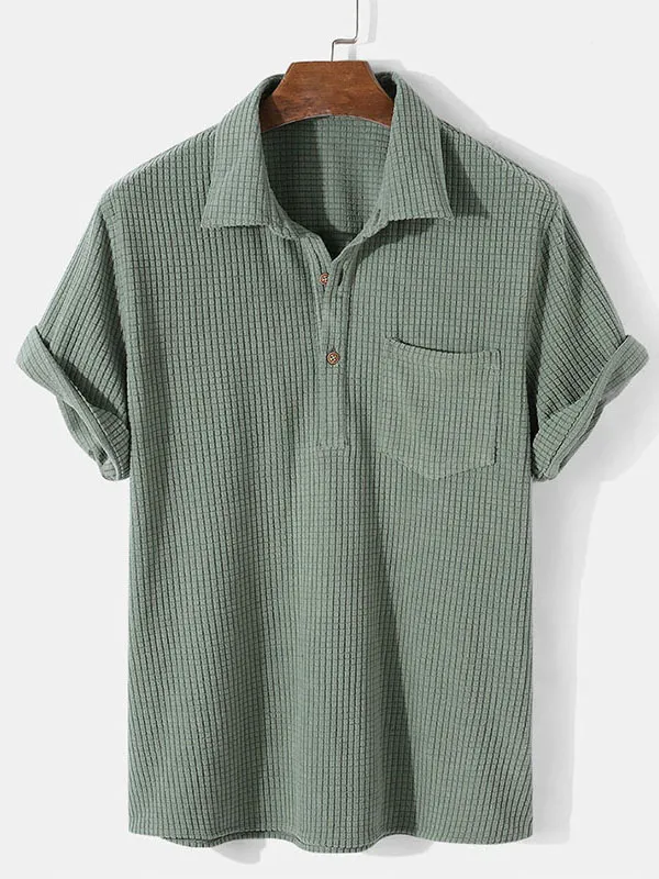 Men Casual Solid Color Loose Check Short Sleeve Shirt