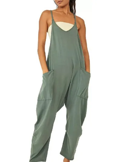 Women Solid Color Loose Casual Pocket Sling Jumpsuit