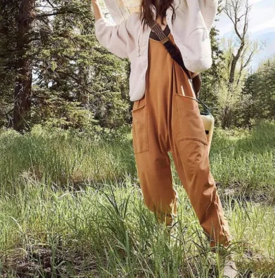 Women Solid Color Loose Casual Pocket Sling Jumpsuit