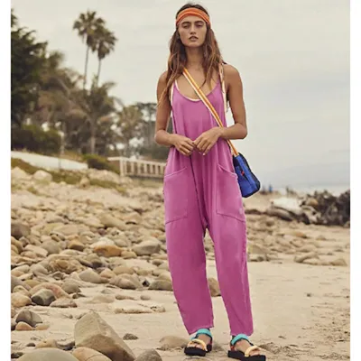 Women Solid Color Loose Casual Pocket Sling Jumpsuit