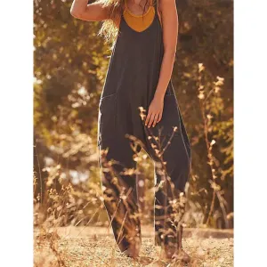 Women Solid Color Loose Casual Pocket Sling Jumpsuit