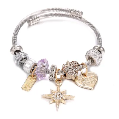 Women's Creative Eight-Pointed Star Love Heart Crown Pony Pendant Stainless Steel Bracelet