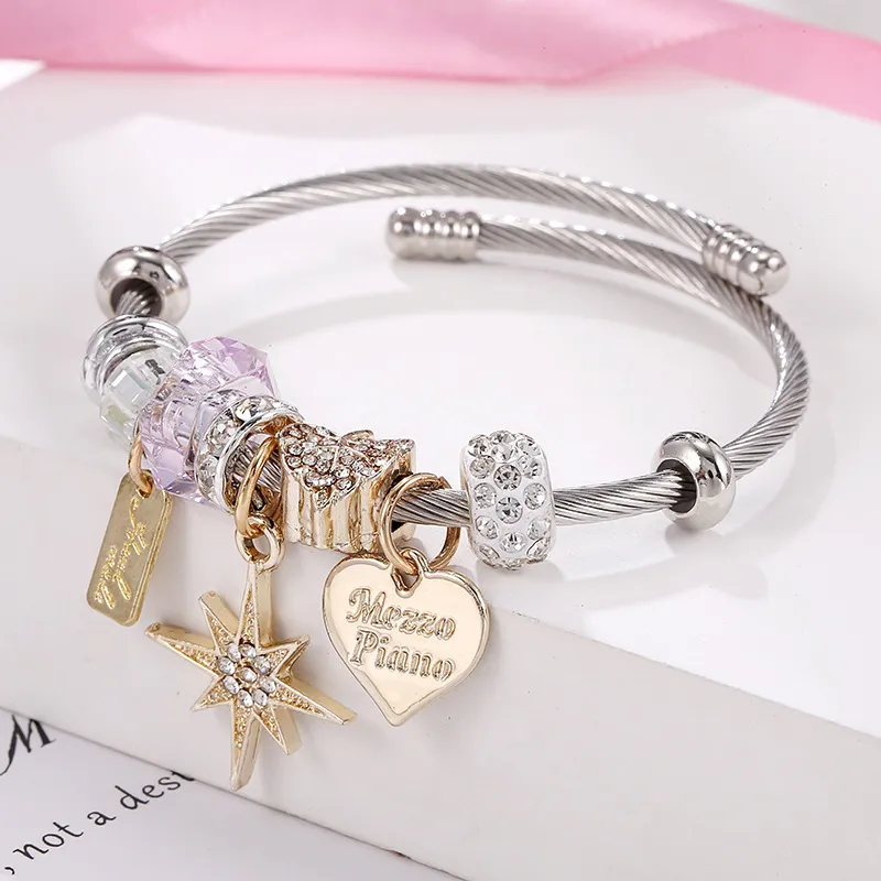 Women's Creative Eight-Pointed Star Love Heart Crown Pony Pendant Stainless Steel Bracelet