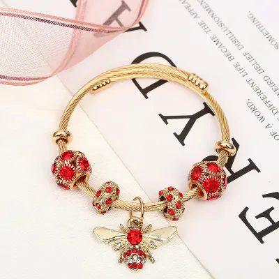Women's Fashion Colorful Beaded Bee Pendant Titanium Steel Pandora Bracelet