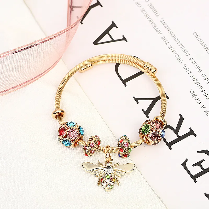 Women's Fashion Colorful Beaded Bee Pendant Titanium Steel Pandora Bracelet