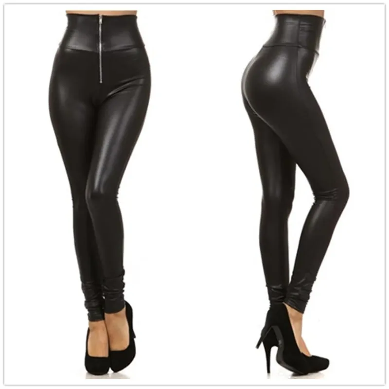 Women Solid Color High Waist Zipper PU Leather Slim Fit Casual Pants