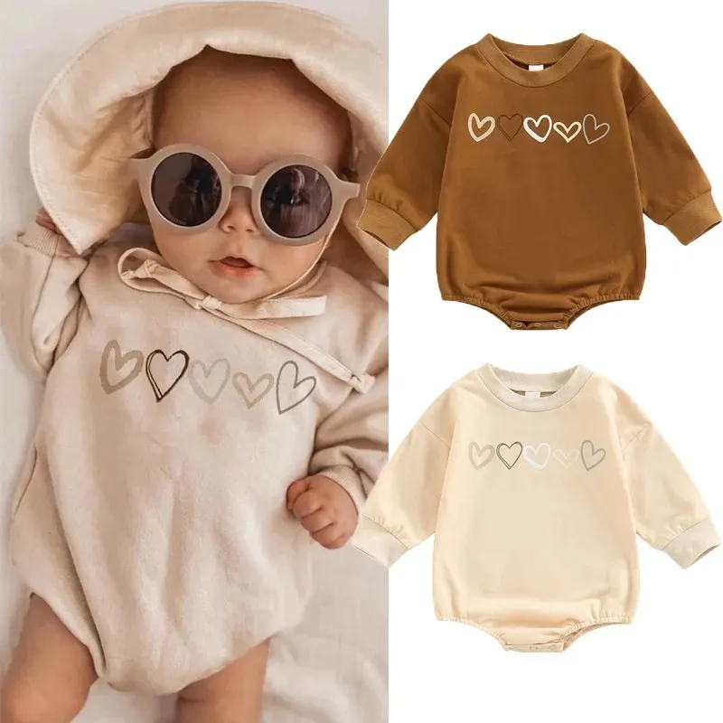 Toddlers Newborn Baby Girls Love Print Long Sleeve Bodysuit Cotton Onesie with Hidden Button