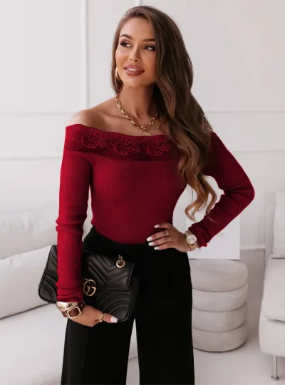 Women Sexy Lace Off Shoulder Slim Fit Long Sleeve Knitwear