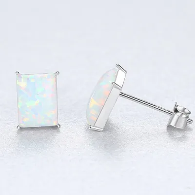 Women's Geometric Fashion 925 Silver Inlaid Opal Rectangle Earrings