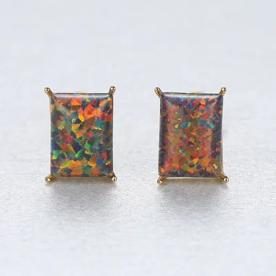 Women's Geometric Fashion 925 Silver Inlaid Opal Rectangle Earrings