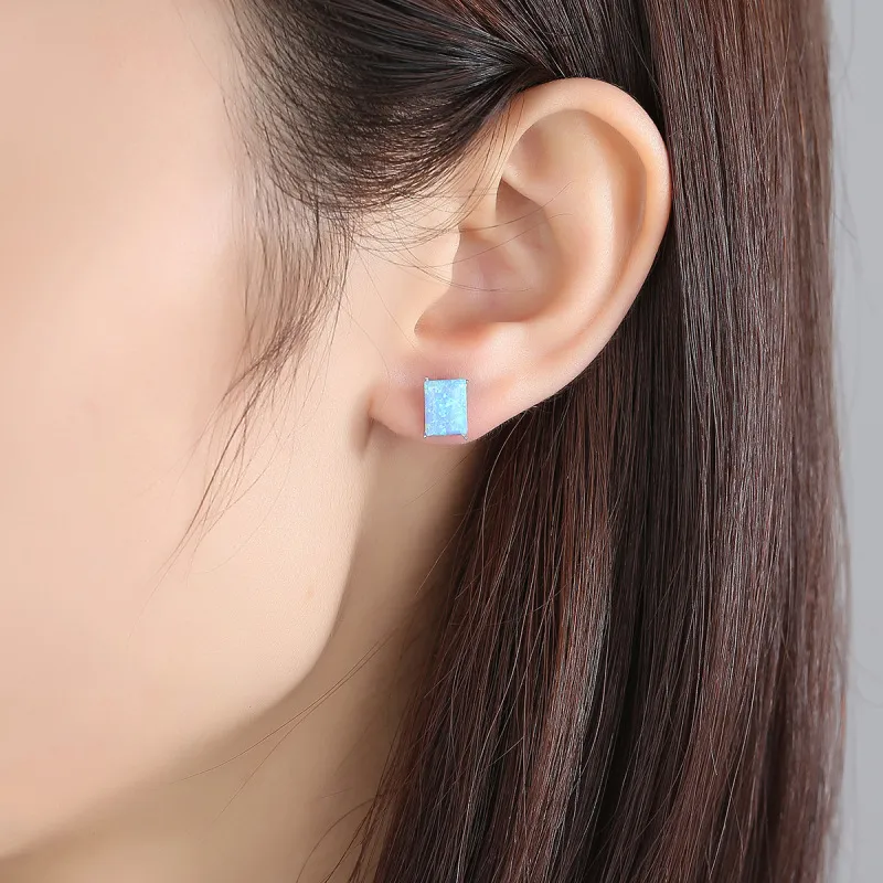 Women's Geometric Fashion 925 Silver Inlaid Opal Rectangle Earrings