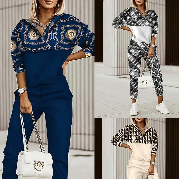 Women Fashion Geometric Colorful Print Long Sleeves Top And Pants Casual Set