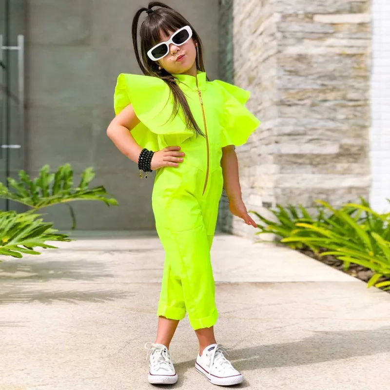 Toddler Girls Solid Color Ruffle Sleeve Sleeveless Zip Jumpsuit