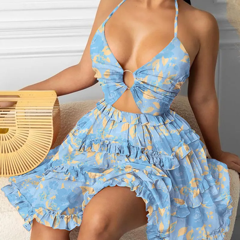 Women Summer Vacation Hollow V Neck Halter Floral Print Ruffled Swing Dress