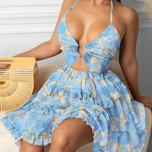 Women Summer Vacation Hollow V Neck Halter Floral Print Ruffled Swing Dress