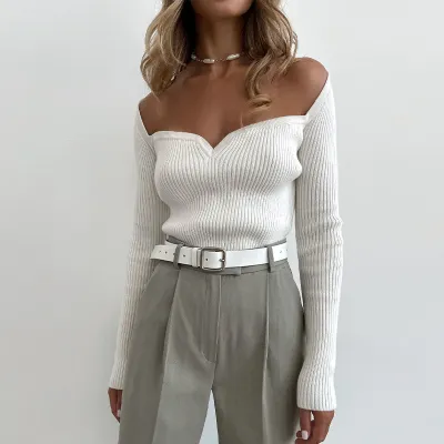 Solid Color Women Autumn Winter Long-Sleeved Sweetheart Neckline Fashion Knitted Sweater