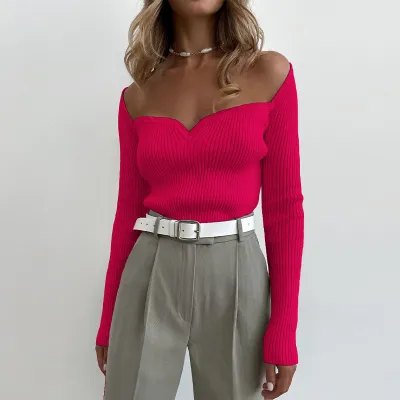 Solid Color Women Autumn Winter Long-Sleeved Sweetheart Neckline Fashion Knitted Sweater