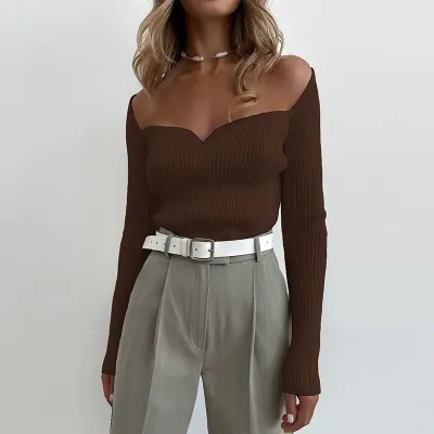 Solid Color Women Autumn Winter Long-Sleeved Sweetheart Neckline Fashion Knitted Sweater