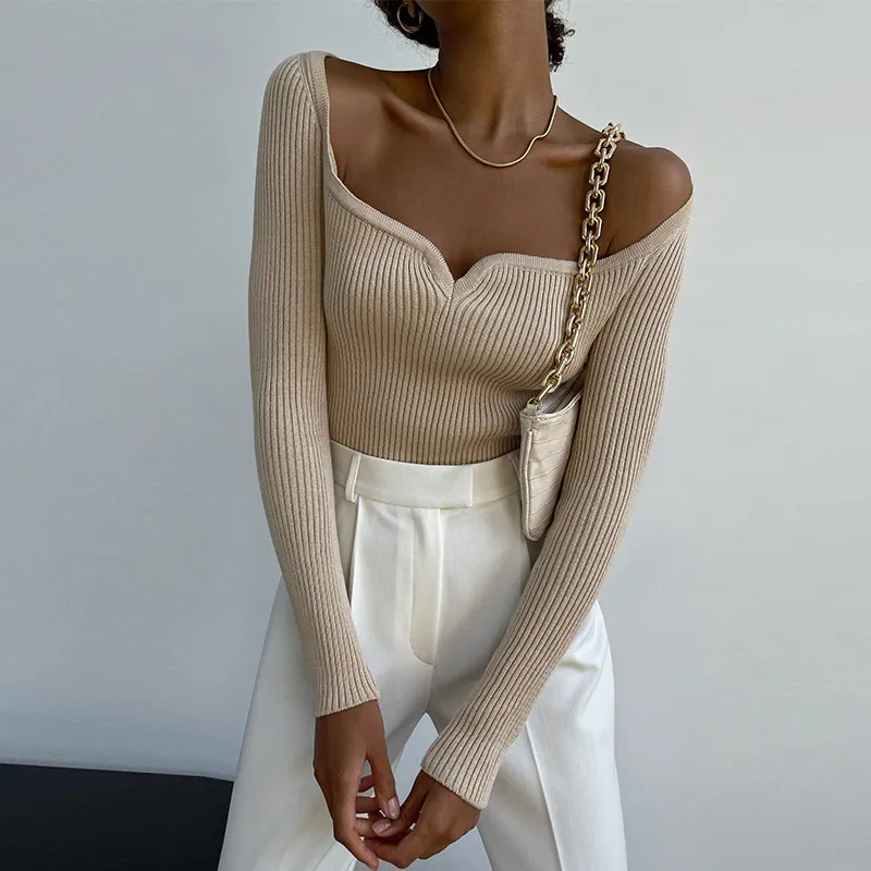 Solid Color Women Autumn Winter Long-Sleeved Sweetheart Neckline Fashion Knitted Sweater