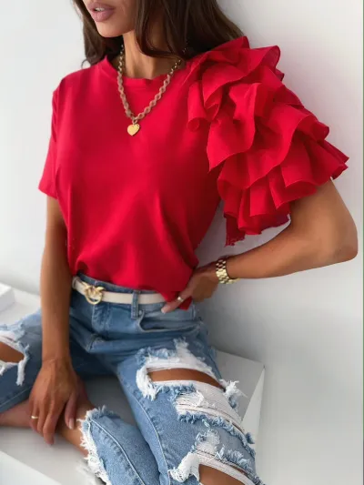 Women Casual Ruffle Short Sleeve Cotton Blouse