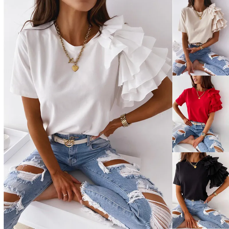 Women Casual Ruffle Short Sleeve Cotton Blouse