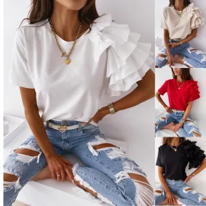 Women Casual Ruffle Short Sleeve Cotton Blouse