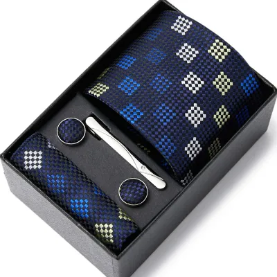 Men's Autumn Fashion Tie Square Scarf Cufflinks Tie Clip and Black Gift Box Five Piece Set