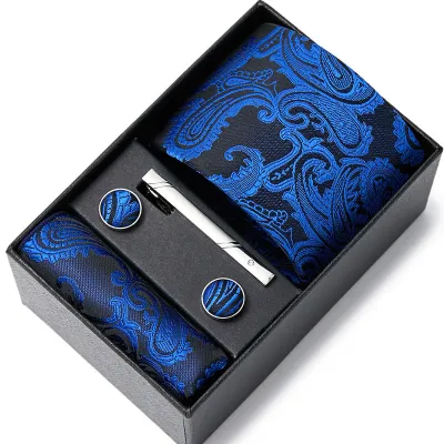 Men's Autumn Fashion Tie Square Scarf Cufflinks Tie Clip and Black Gift Box Five Piece Set