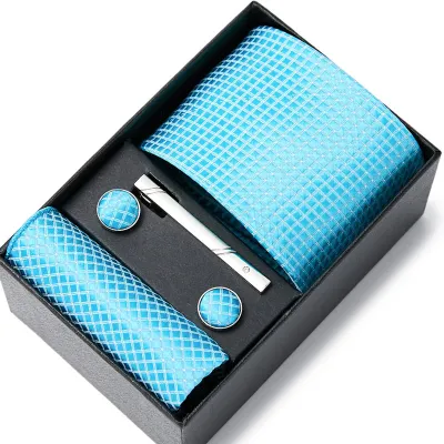 Men's Autumn Fashion Tie Square Scarf Cufflinks Tie Clip and Black Gift Box Five Piece Set