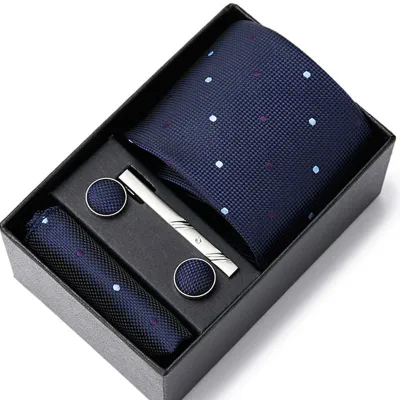 Men's Autumn Fashion Tie Square Scarf Cufflinks Tie Clip and Black Gift Box Five Piece Set