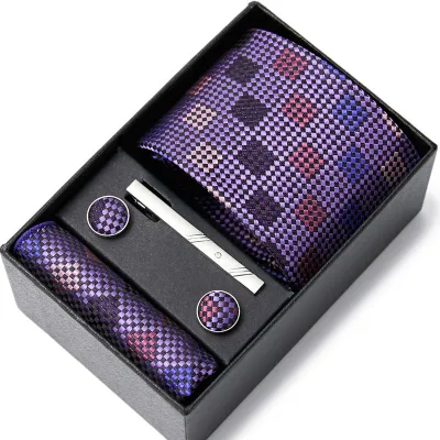 Men's Autumn Fashion Tie Square Scarf Cufflinks Tie Clip and Black Gift Box Five Piece Set