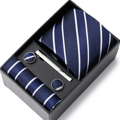 Men's Autumn Fashion Tie Square Scarf Cufflinks Tie Clip and Black Gift Box Five Piece Set