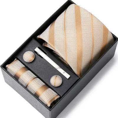 Men's Autumn Fashion Tie Square Scarf Cufflinks Tie Clip and Black Gift Box Five Piece Set