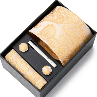 Men's Autumn Fashion Tie Square Scarf Cufflinks Tie Clip and Black Gift Box Five Piece Set
