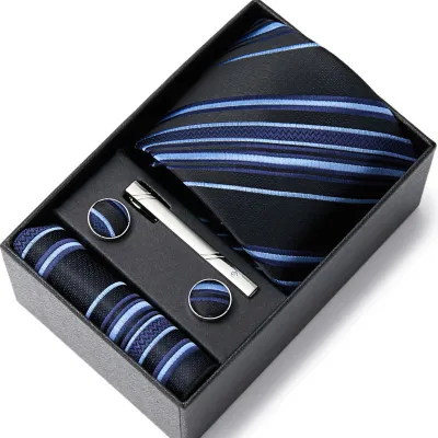 Men's Autumn Fashion Tie Square Scarf Cufflinks Tie Clip and Black Gift Box Five Piece Set