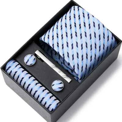 Men's Autumn Fashion Tie Square Scarf Cufflinks Tie Clip and Black Gift Box Five Piece Set