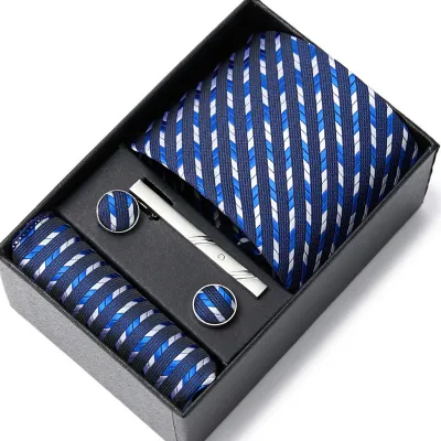 Men's Autumn Fashion Tie Square Scarf Cufflinks Tie Clip and Black Gift Box Five Piece Set