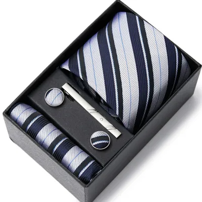 Men's Autumn Fashion Tie Square Scarf Cufflinks Tie Clip and Black Gift Box Five Piece Set