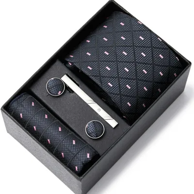 Men's Autumn Fashion Tie Square Scarf Cufflinks Tie Clip and Black Gift Box Five Piece Set