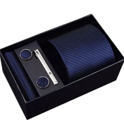 Men's Autumn Fashion Tie Square Scarf Cufflinks Tie Clip and Black Gift Box Five Piece Set