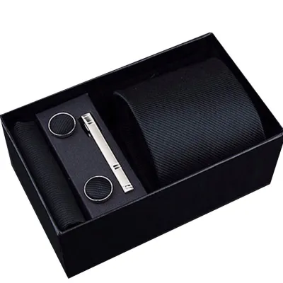 Men's Autumn Fashion Tie Square Scarf Cufflinks Tie Clip and Black Gift Box Five Piece Set