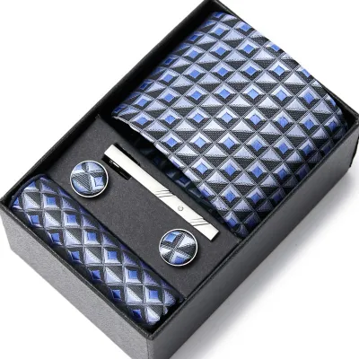 Men's Autumn Fashion Tie Square Scarf Cufflinks Tie Clip and Black Gift Box Five Piece Set