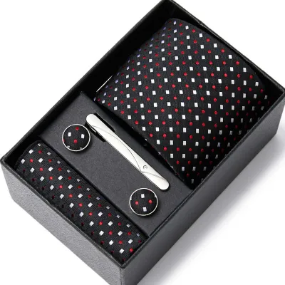 Men's Autumn Fashion Tie Square Scarf Cufflinks Tie Clip and Black Gift Box Five Piece Set