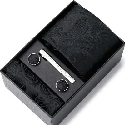 Men's Autumn Fashion Tie Square Scarf Cufflinks Tie Clip and Black Gift Box Five Piece Set