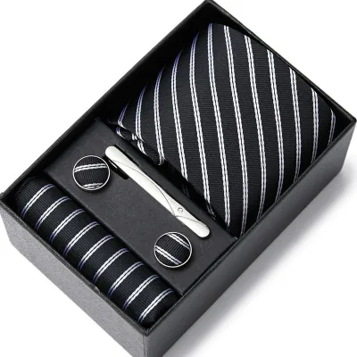 Men's Autumn Fashion Tie Square Scarf Cufflinks Tie Clip and Black Gift Box Five Piece Set