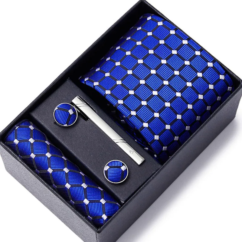 Men's Autumn Fashion Tie Square Scarf Cufflinks Tie Clip and Black Gift Box Five Piece Set