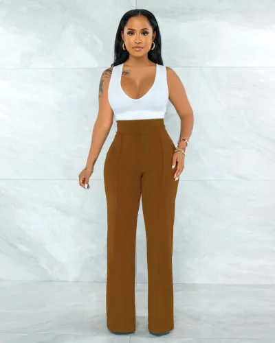 Women High Waist Wide Leg Straight Pants Urban Style Solid Color