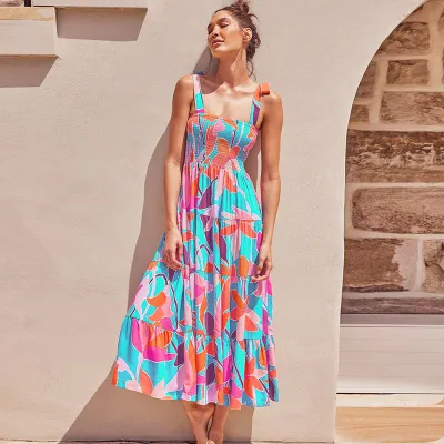 Summer Women Holiday Style Suspender Strap Floral Print Maxi Loose Dress