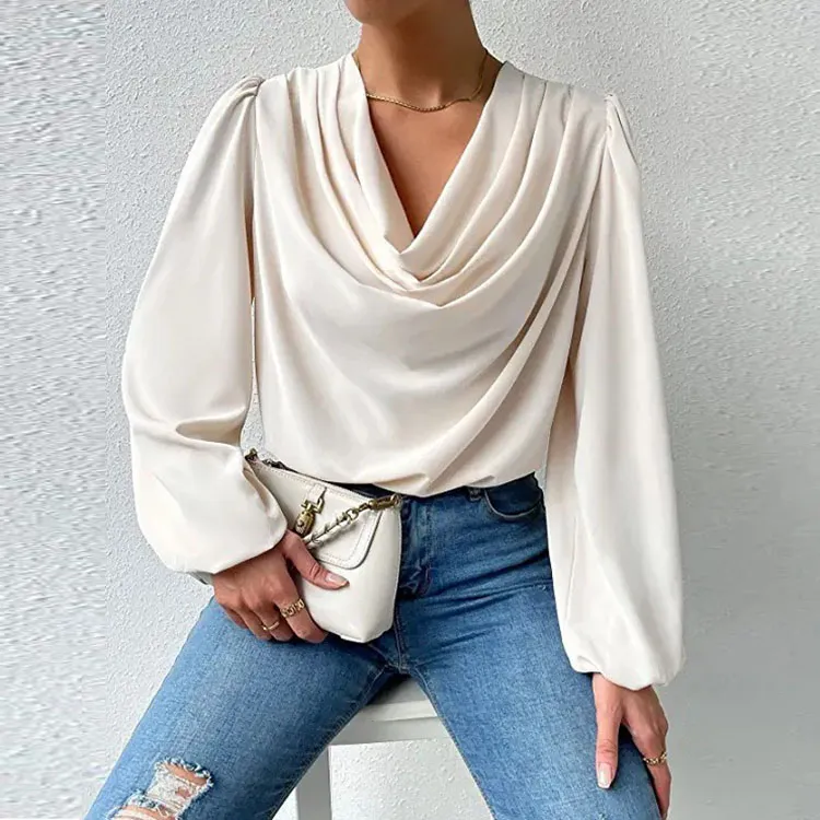 Chiffon Lantern Sleeve V-Neck Women Solid Color Pullover Blouse