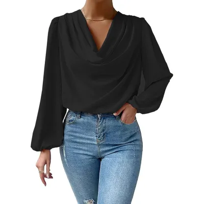 Chiffon Lantern Sleeve V-Neck Women Solid Color Pullover Blouse